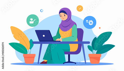 Smiling Muslim woman in a purple hijab working on a laptop at a modern desk, flat vector illustration style.