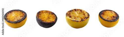 Grilled lemon halves are arranged on a white background. Citrus, cooked, food, ingredient, barbecue, fruit, sour, healthy, tasty, fresh, gourmet, summer, sweet, delicious.