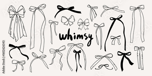 Set of whimsical hand drawn bows. Whimsy vintage line art ribbon gift. Cute coquette wedding trendy bow sketch. Vector outline illustration