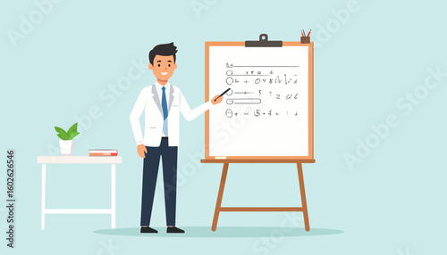 Smiling male professional in a white lab coat and blue tie pointing at a whiteboard.