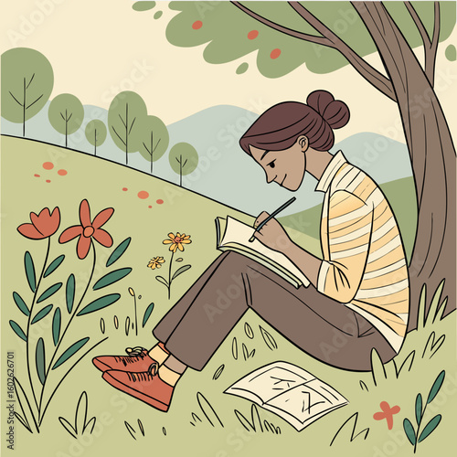 A woman sitting under a tree drawing in a sketchbook with flowers and grass surrounding her in nature