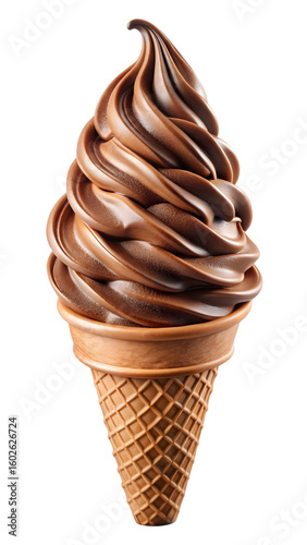 Delicious swirled chocolate soft serve ice cream in a waffle cone