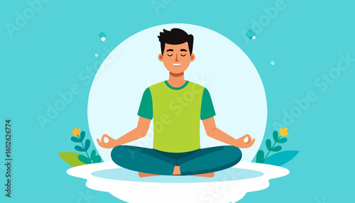Calm young man with black hair meditating in lotus pose, wearing a green shirt and blue pants.