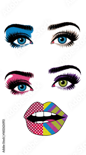 Pop art makeup vector colorful eyeshadow and lips illustration