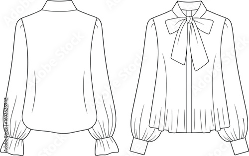 CAD drawing flat vector illustration of pleated blouse design, long sleeves, bow neckline, front button style, fashion sketch layout viewsCAD drawing flat vector illustration of pleated blouse design,