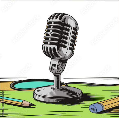 Vintage microphone vector illustration podcast, recording, and audio equipment