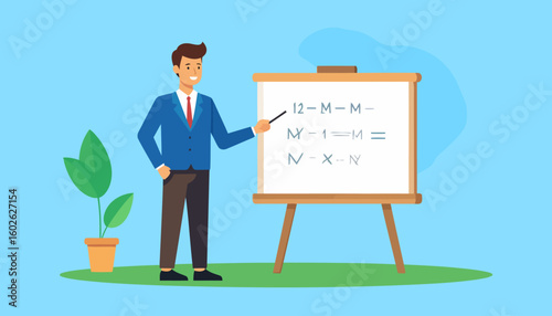 Friendly male instructor in a blue suit teaching, pointing at a whiteboard with a puzzle.