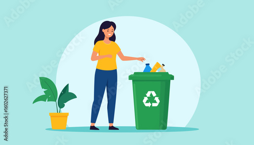 Smiling young woman in a yellow shirt and blue pants recycling plastic bottles into a green bin.