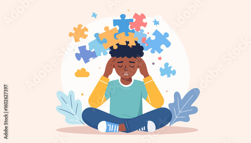 A distressed young man sitting cross-legged with colorful puzzle pieces floating above his head.