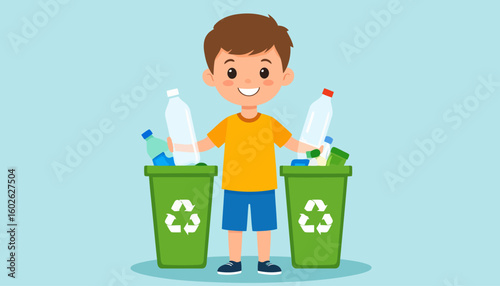 Happy cartoon boy with brown hair recycling plastic bottles into green bins with a smile.