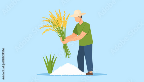 A farmer in a green shirt and hat harvesting a large bunch of golden rice stalks, a flat vector illustration.