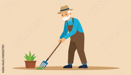 Elderly gardener with a white beard and fedora hat, wearing overalls and working with a pitchfork.