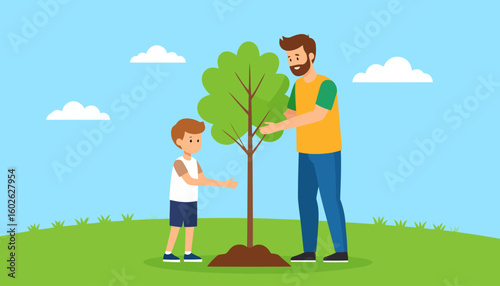 A bearded father and his young son planting a sapling together, a flat vector illustration of family bonding and environmental care.