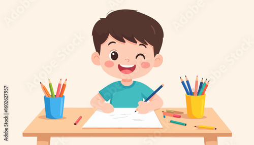 Happy cartoon boy with brown hair winking while drawing on paper at his desk.