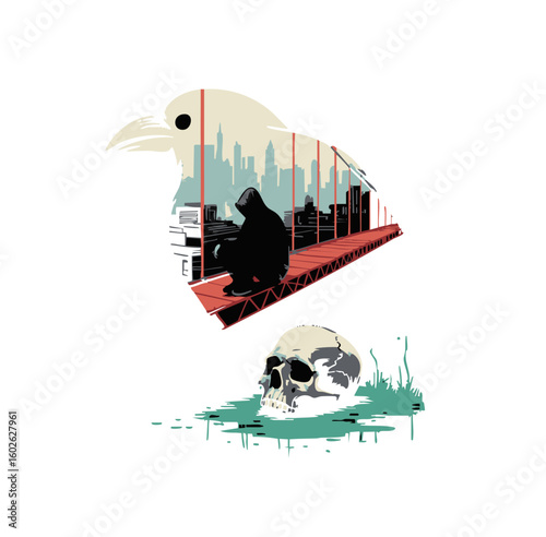 Conceptual vector art raven, bridge, skull, and cityscape illustration