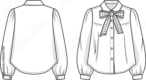 CAD drawing flat vector illustration of pleated blouse, bow tie neckline, long sleeves, button-down design, elegant fashion garment layout sketchCAD drawing flat vector illustration of pleated 