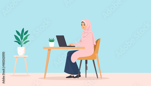 Young Muslim woman in a pink hijab working on a laptop at her desk, flat vector illustration.