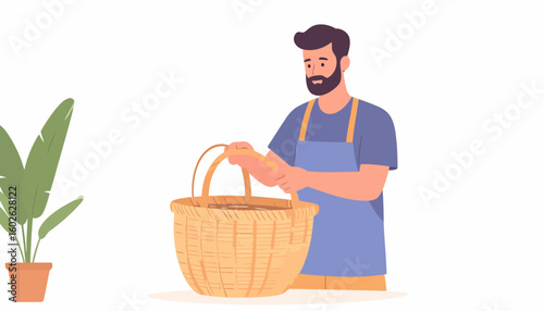Young bearded man wearing a blue apron and holding a large empty wicker basket.