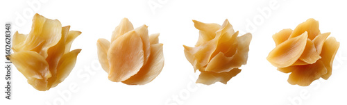 Pickled ginger slices, close-up studio shot. Sushi condiment, Japanese cuisine ingredient, Asian food culture, traditional garnish.