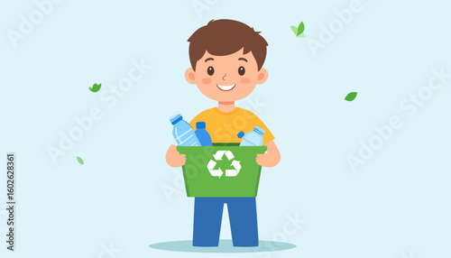Cheerful cartoon boy with brown hair holding a green recycling bin filled with plastic bottles.