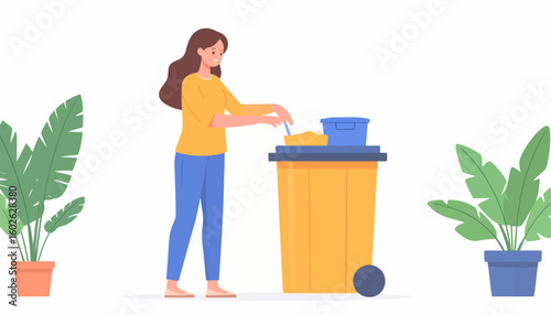 Cartoon woman in a yellow shirt and blue pants sorting trash into a large yellow wheeled bin.