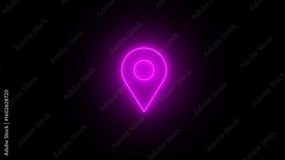 Abstract location glowing neon icon fast tracking map pin icon animation on black background.
Neon location animation icon. 4k