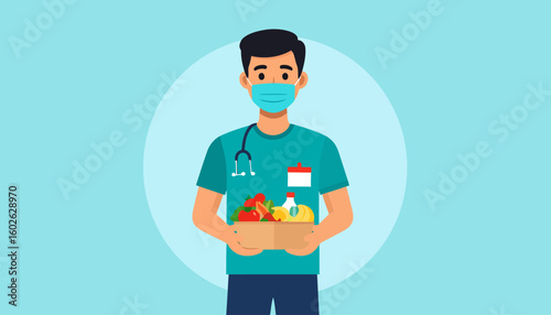 Male doctor in scrubs and face mask holding a donation box of fresh, healthy groceries.