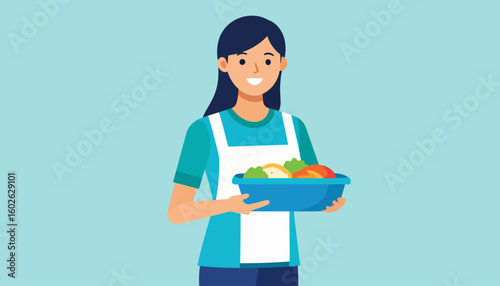 Smiling woman with dark hair in a white apron holding a blue bowl of fresh vegetables.