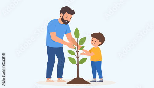 A smiling bearded father and his young son planting a green sapling together. A flat vector illustration of family bonding and environmental activity.