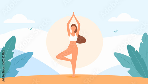 Faceless woman with long brown hair in a white top practicing the Vrikshasana yoga tree pose.