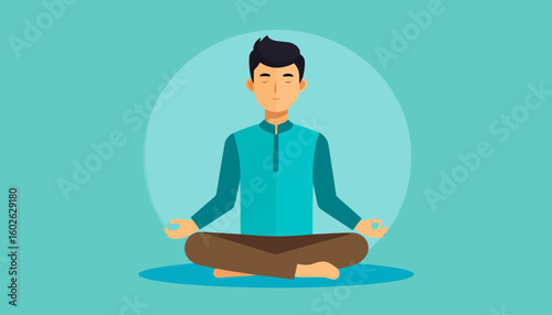 Serene man with black hair in a teal shirt meditating in a cross-legged lotus pose.