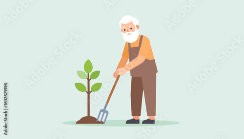 Flat vector illustration of an old man with a white beard tending to a small sapling with a garden fork.
