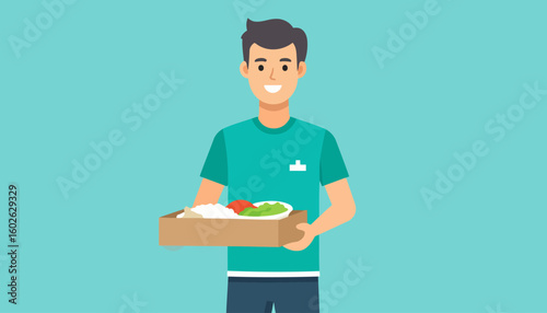Happy young man in a teal t-shirt holding a cardboard box with a healthy meal.