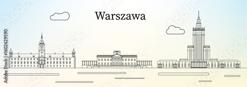 Warsaw city skyline with main landmarks - line art vector illustration