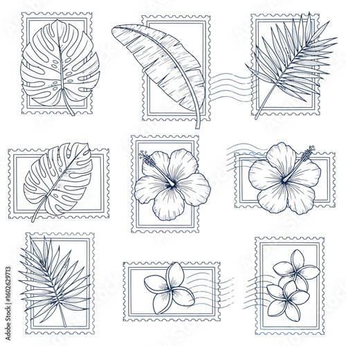 Collection of nine tropical plant and flower postage stamp illustrations vector