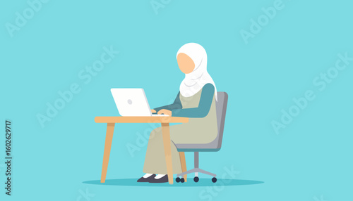 Faceless illustration of a Muslim woman in a white hijab working on a laptop at a wooden desk.