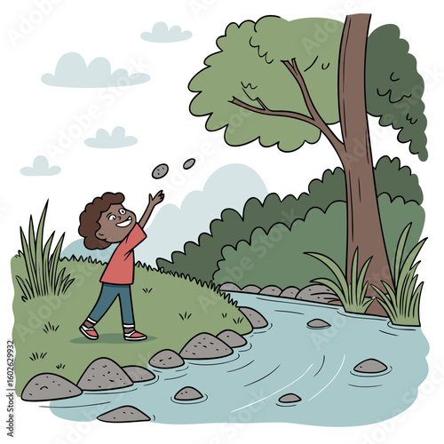A boy throwing stones into a river near a tree with clouds in the sky and a lush green landscape around him