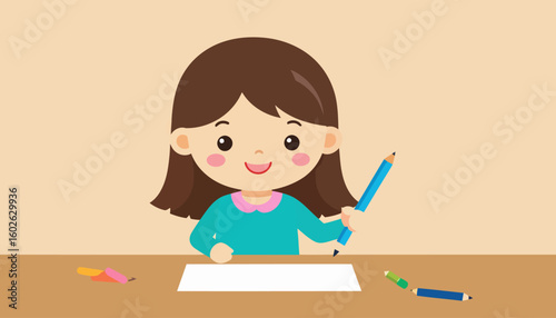 Cute cartoon student with brown hair happily drawing on paper with a blue colored pencil.