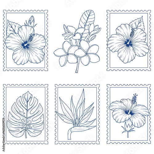 Six blue line art postage stamps featuring tropical flowers and leaves hibiscus plumeria