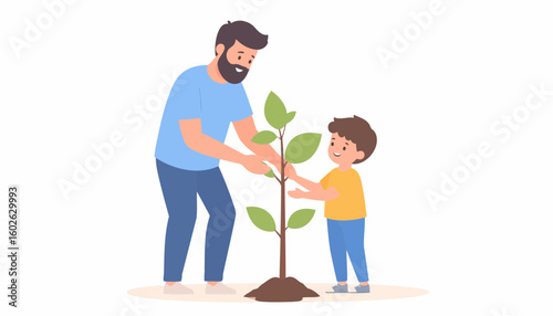 A smiling bearded father and his young son happily planting a small green tree sapling together in a flat vector illustration style.