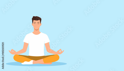 Calm young man with brown hair meditating in a cross-legged lotus pose, wearing a white t-shirt and orange pants.