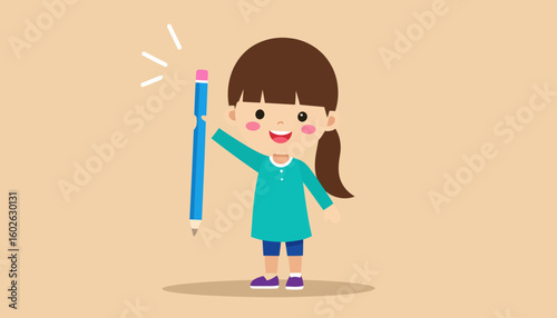 Cheerful cartoon girl with a ponytail and rosy cheeks holding a large blue pencil.