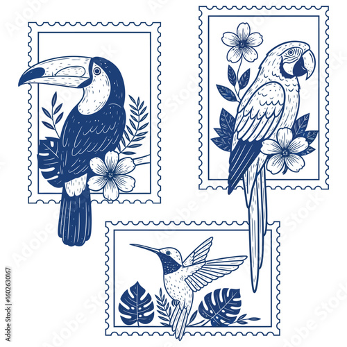 Toucan parrot and hummingbird in postage stamp frames with tropical leaves and flowers macaw