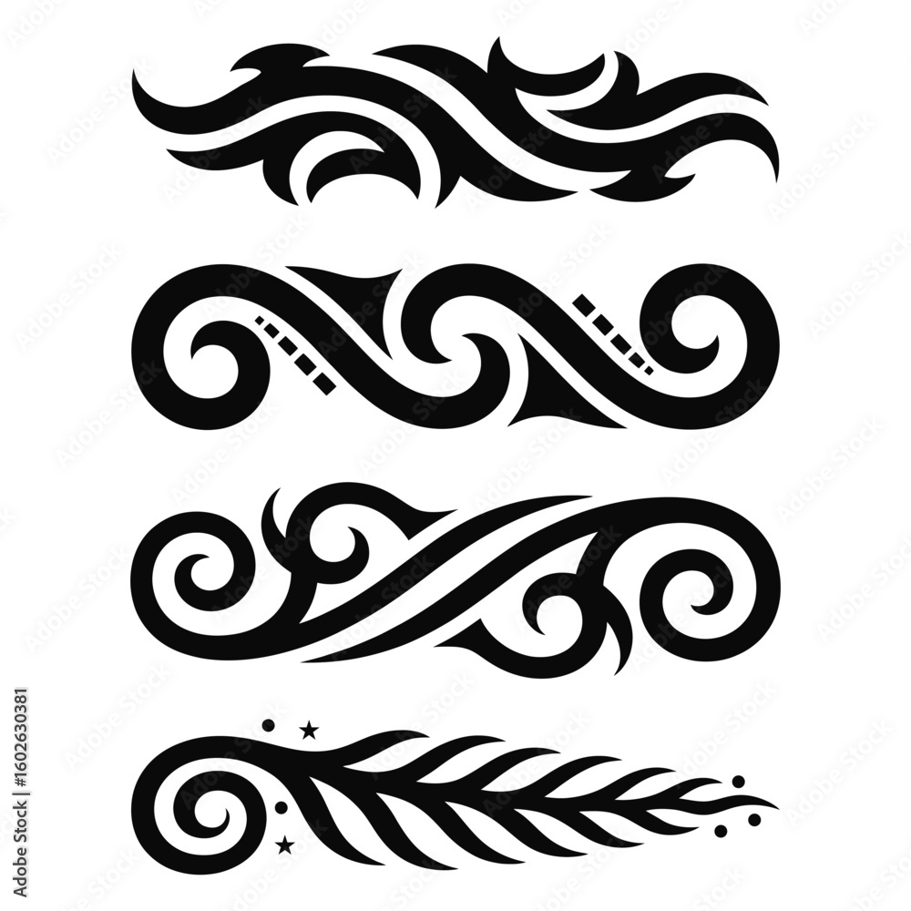 Fototapeta premium Collection of four decorative ornamental swirls borders, flourishes and dividers ornate tribal elements in black on white background