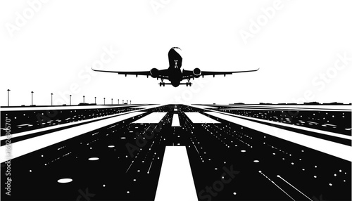 Front view of Airplane landing  vector on city runway silhouette with control towers and skyline