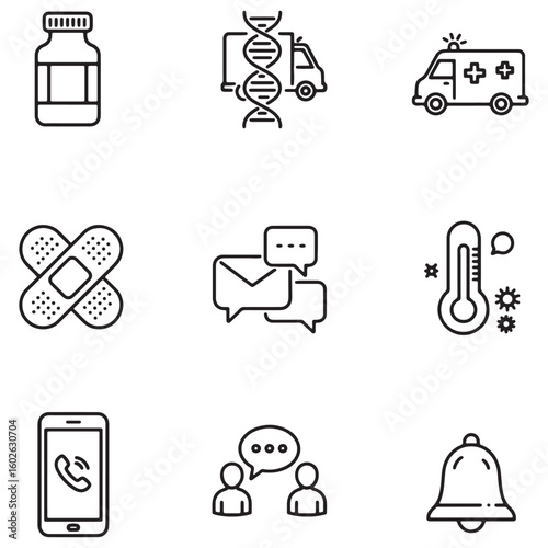 Healthcare and medical themed set of line icons including ambulance bandage pills thermometer and others