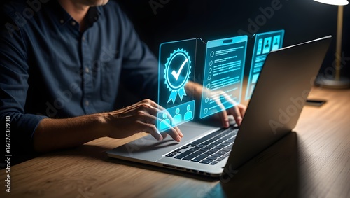 Professional verifying quality standards or completing compliance training on laptop using holographic interface displaying certification badge and checklist icons.

