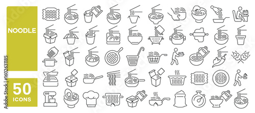 Set of 50 line icons related to noodle, instant noodles, chopsticks, spaghetti, ramen, noodles, Editable stroke. Vector illustration