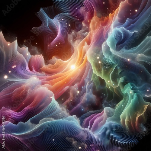 Blending dreamy abstract forms with digitally simulated aurora e