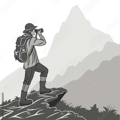 A man with a backpack and hat stands on a rock looking through binoculars towards a mountain range view